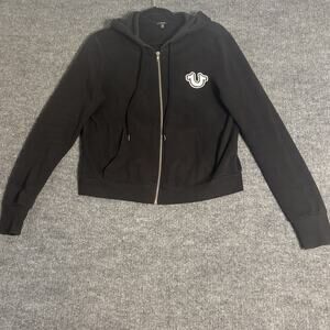 True Religion Core Zip Hoodie Womens M Black Graphic‎ Logo Casual Sweatshirt